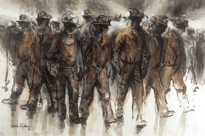 Print of miners going home after a shift. 