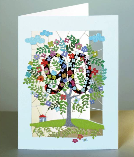 Colourful and flowery birthday card with a flowery number 90 held in the branches of the tree of life.