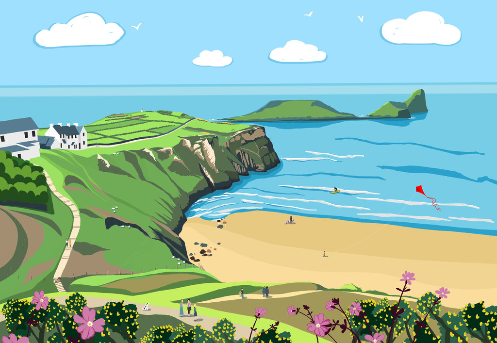 Giclee print with an illustration of the Worms Head at Rhossili Bay.