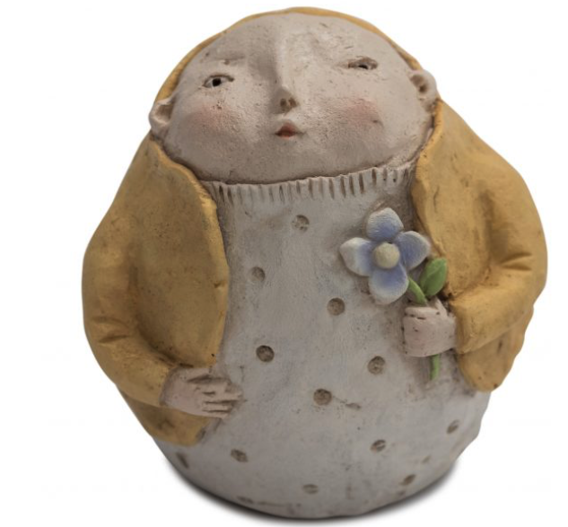 hand painted resin man with yellow jacket holding flowers.