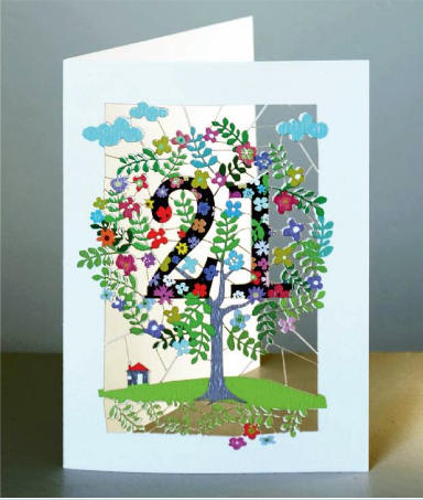 Twenty first bithday card with a lazercut 21 held in the branches of the tree of life.