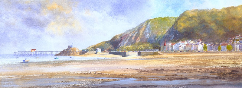 A watercolour print of Mumbles promenade at low tide in august by R N Banning.