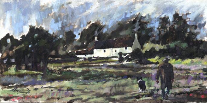 oil painting of a man walking across fields towards a cottage with his Border Collie dog.