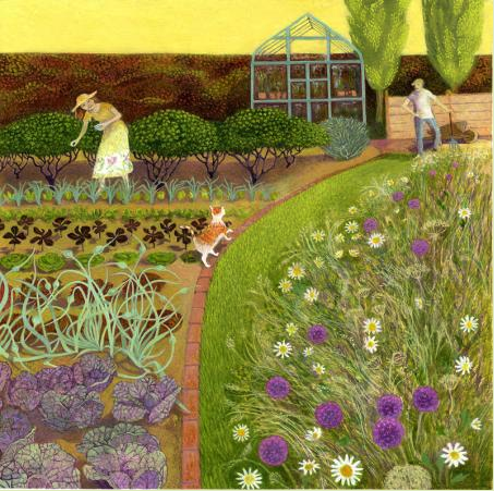 A Very Particular Cat Ltd Ed Giclee Print with wildflowers and veg patch by a cat by Ellie Ling