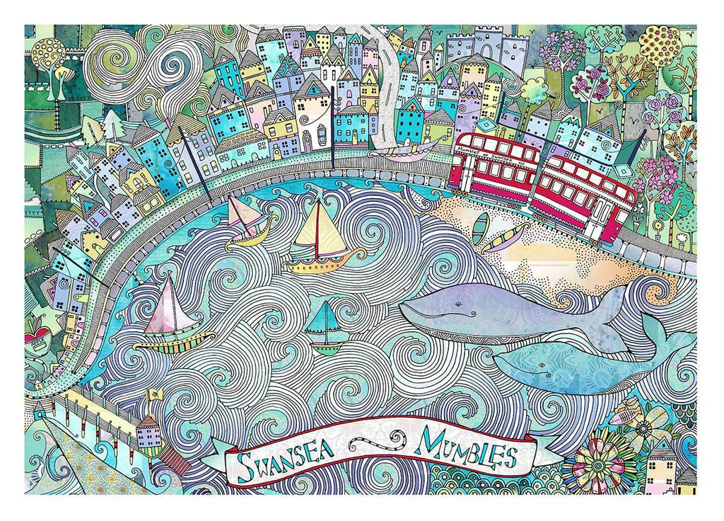 Cool Illustration of Swansea Bay and Mumbles with the Mumbles train, the big Apple and little boats in a swirly sea by Hannah Davies.