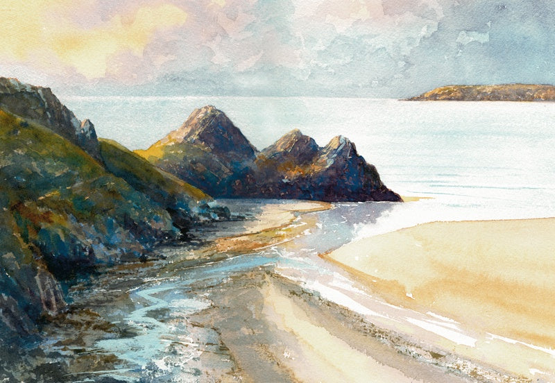 Watercolour pint of dawn at three cliffs bay.
