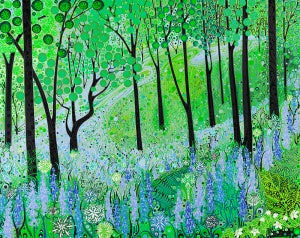 Greetings card of a bluebell forrestin green and violet.