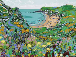 Greetings card of Fall Bay with wildflowers in the foreground, sand and sea in the background.