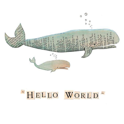 Greetings card with mother and whale calf and the message "hello world".