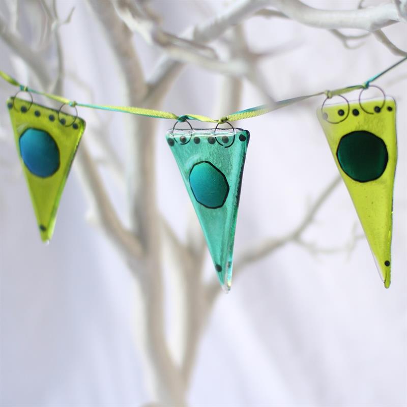 Glass bunting in light and aqua green.