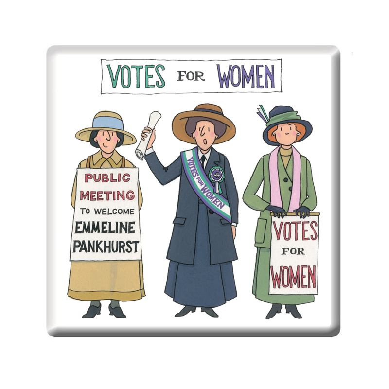 Coaster with three suffragette's on the front.