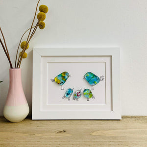 Medium Sweet Tweets Five Birds Framed Glass 17x21cm for sale on behalf of Niko Brown
