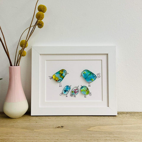 Medium Sweet Tweets Five Birds Framed Glass 17x21cm for sale on behalf of Niko Brown