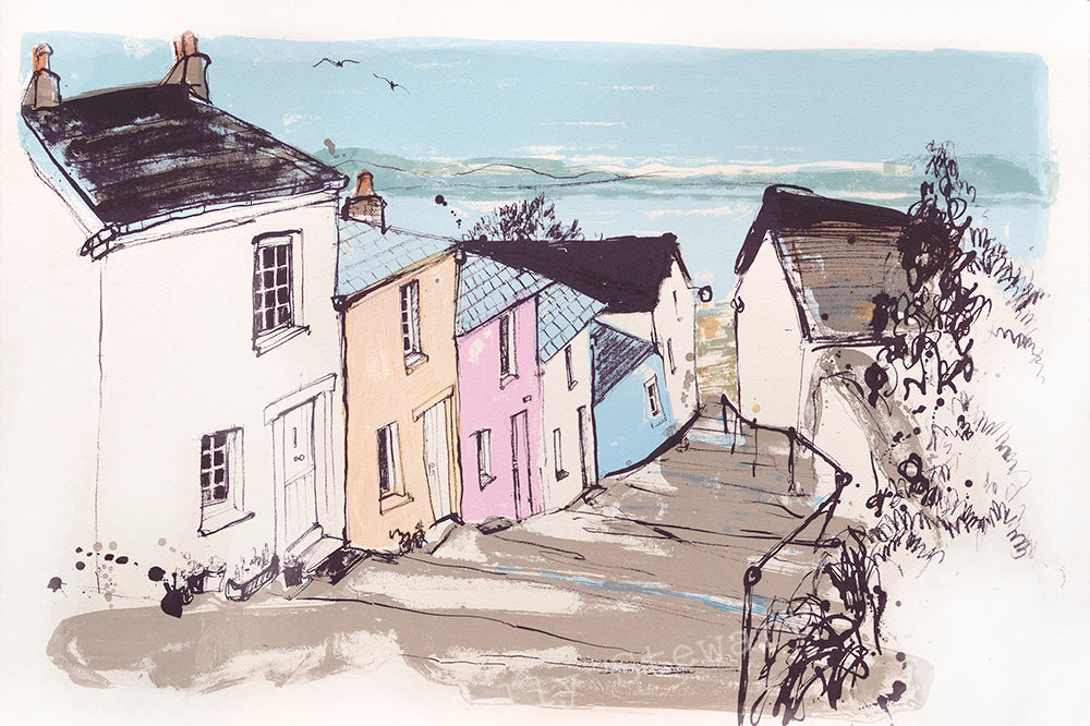 Screenprint of steps leading to Mumbles Road, with yellow, pink and blue houses.