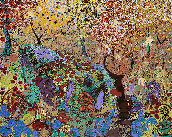 Highly patterned colourful artwork of trees by Welsh artist Katie Allen.